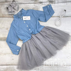 Denim and gray tulle dress